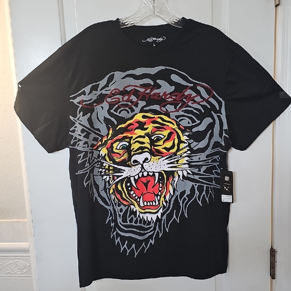 Ed Hardy Black and Red Short Sleeve Tee with Tiger Graphic